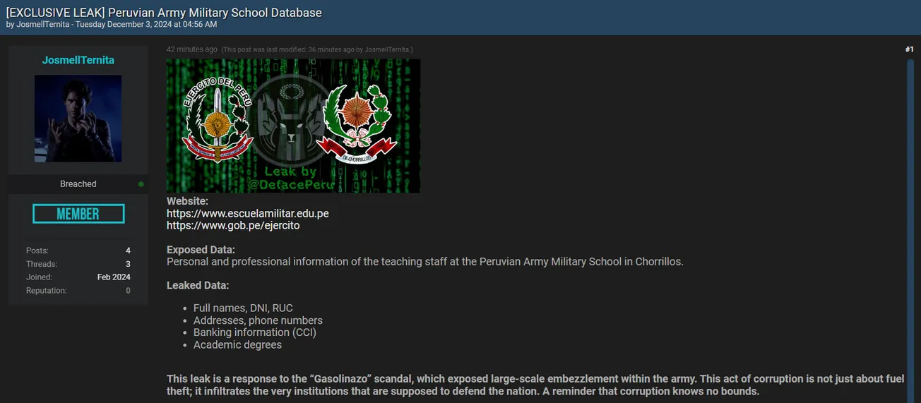 A Threat Actor Claims to have Leaked the Data of Chorrillos Military School