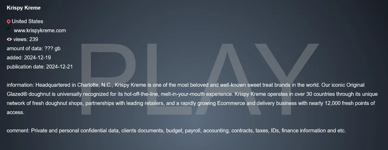 Krispy Kreme Has Been Claimed a Victim to PLAY Ransomware