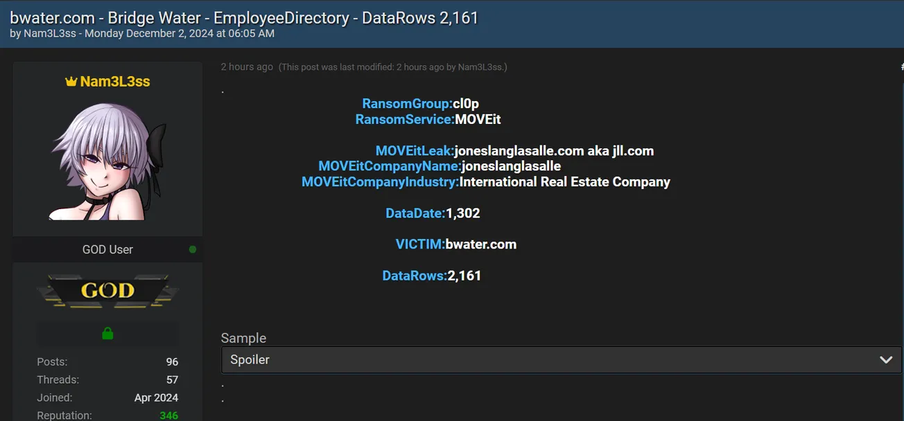 Nam3L3ss Claims to have Leaked the Data of Bridgewater Associates