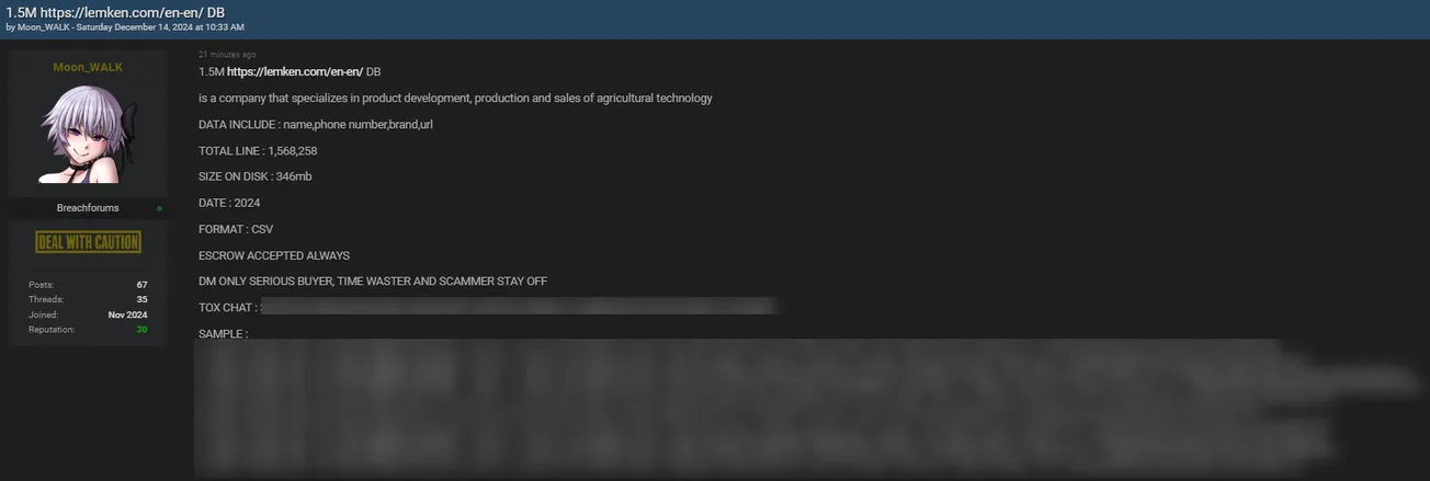 Moon_WALK Claims to be Selling the Data of Lemken