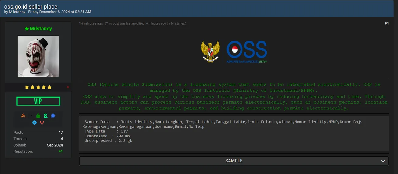 A Threat Actor is Allegedly Selling the Data of Indonesia's Online Single Submission System