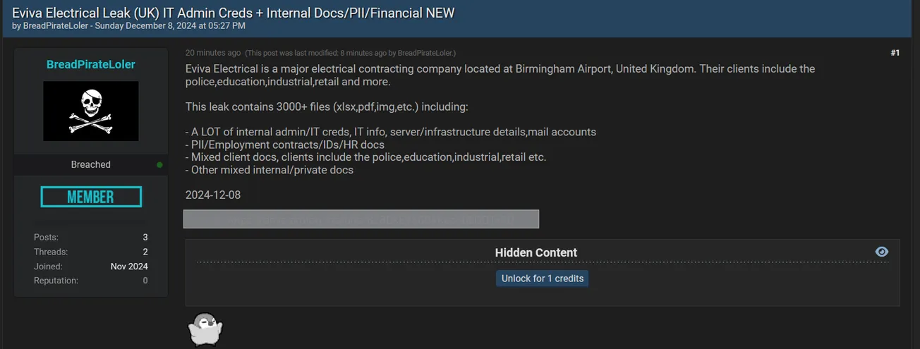 A Threat Actor Claims to have Leaked the Data of Eviva Electrical