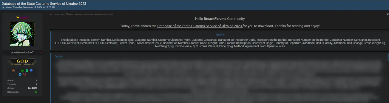 A Threat Actor Claims to have Leaked the Data of Ukraine State Customs Service