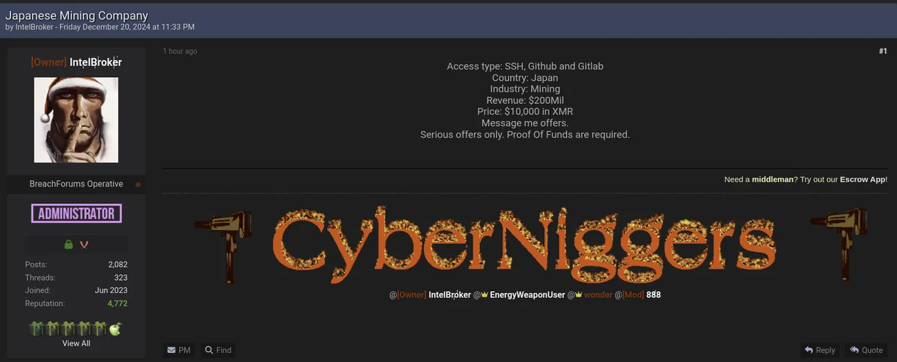 IntelBroker is Allegedly Selling Access to an Unidentified Japanese Mining Company