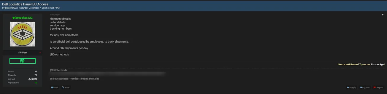 A Threat Actor Claims to be Selling Access to a Dell Logistics Panel in Europe