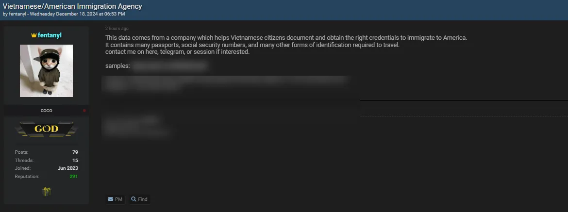 A Threat Actor is Allegedly Selling Sensitive Data from an Immigration Agency in Vietnam