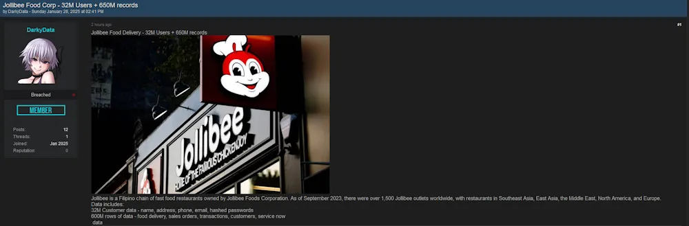 A Threat Actor Claims to be Selling the Data of Jollibee
