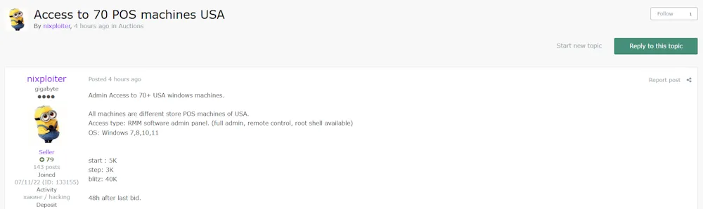 A Threat Actor is Selling Unauthorized Access to 70+ POS Machines in the USA