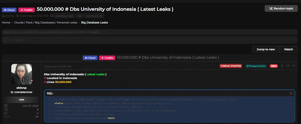 A Threat Actor Claims to have Leaked the Data of University of Indonesia