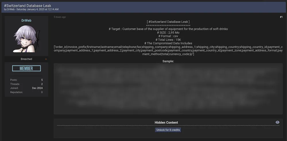 Alleged Database Leak of Unidentified Soft Drinks Production in Switzerland