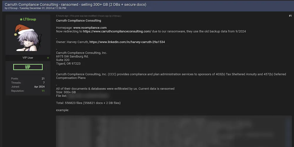A Threat Actor Claims to be Selling the Data of Carruth Compliance Consulting, Inc