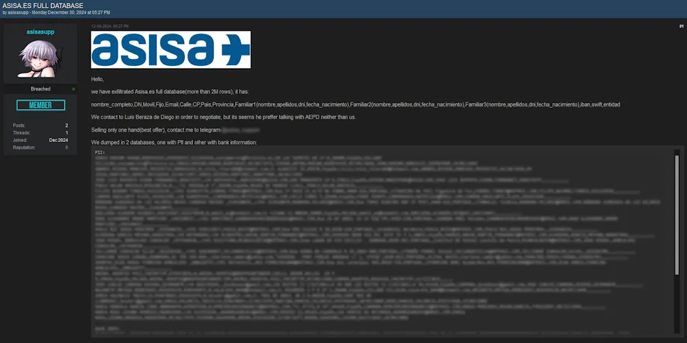 A Threat Actor Claims to be Selling the Data of ASISA