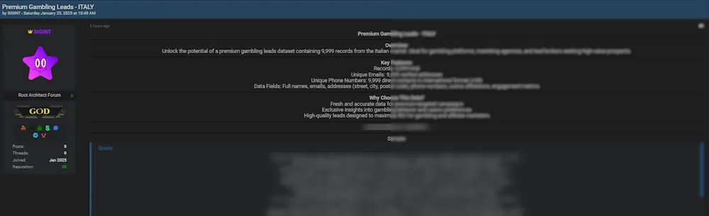 A Threat Actor Claims to be Selling Gambling Leads in Italy