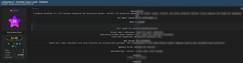 A Threat Actor is Claiming to Sell Australian Crypto Leads from CoinTracker