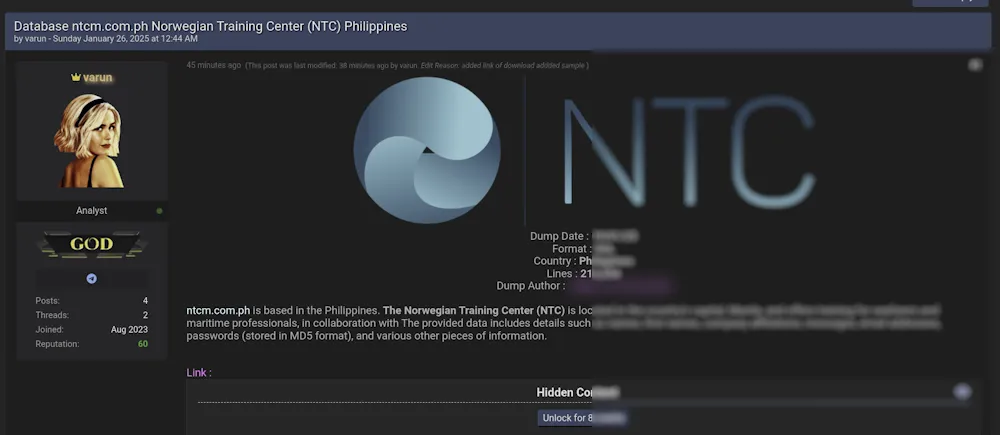 A Threat Actor Claims to be Selling the Data of Norwegian Training Center (NTC) Philippines