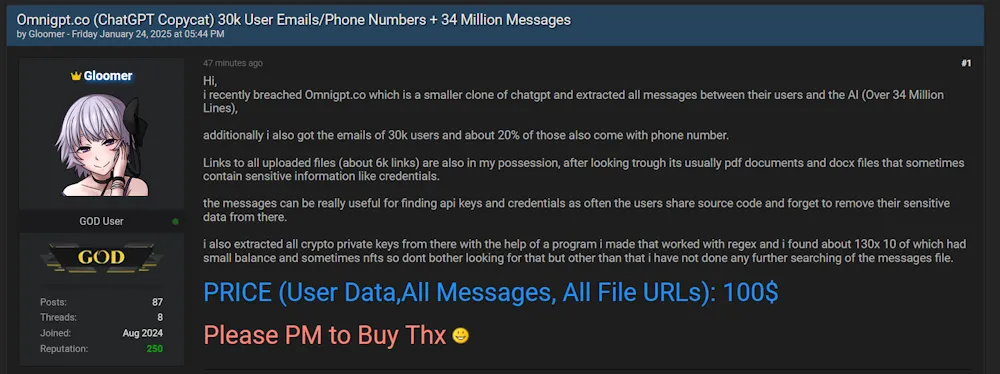 A Threat Actor is Claiming to Sell Data of OmniGPT
