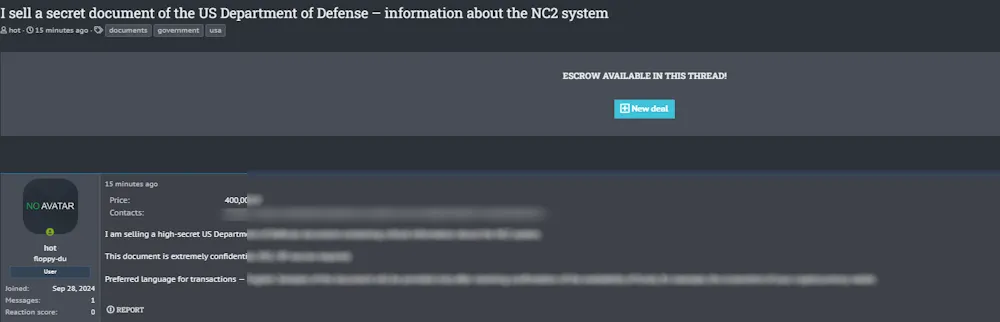 A Threat Actor Claims to be Selling a Classified Document from the US Department of Defense