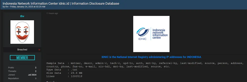 A Threat Actor Claims to be Selling the Data of IDNIC