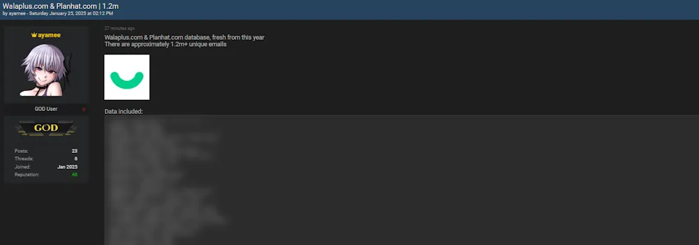 A Threat Actor is Selling the Data of Planhat