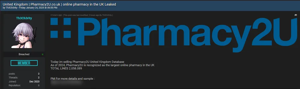A Threat Actor Claims to be Selling the Data of Pharmacy2U Ltd