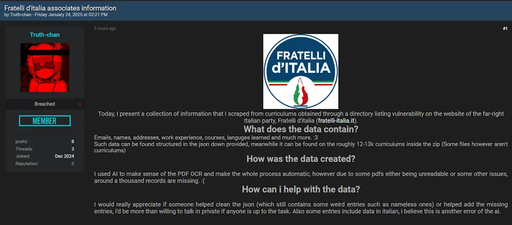 A Threat Actor Claims to have Leaked the Data of Brothers of Italy Party