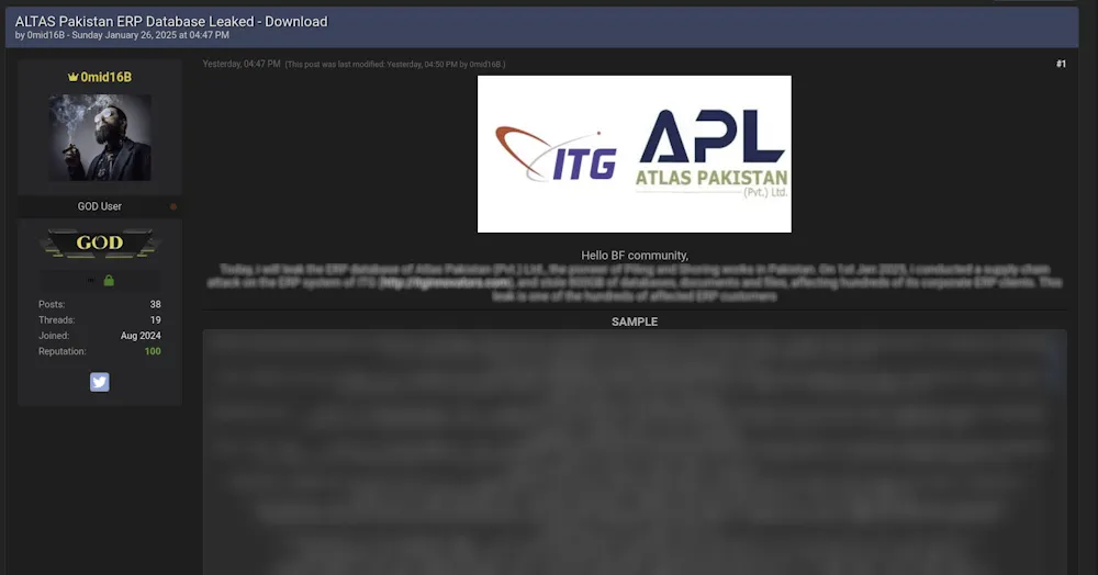 A Threat Actor Claims to have Leaked the Data of Atlas Pakistan (Pvt.) Ltd