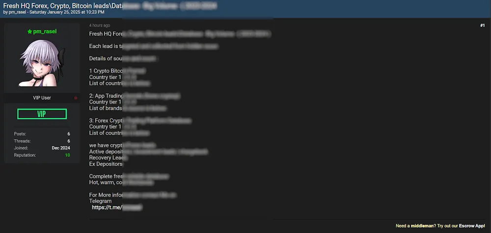 A Threat Actor Claims to be Selling Fresh HQ Forex, Crypto, and Bitcoin Leads