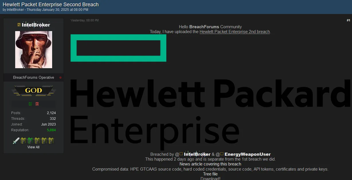 IntelBroker and EnergyWeaponUser Claim to Have Leaked Hewlett Packard Enterprise GTCAAS Source Code, Credentials, API Tokens and More in a Second Breach