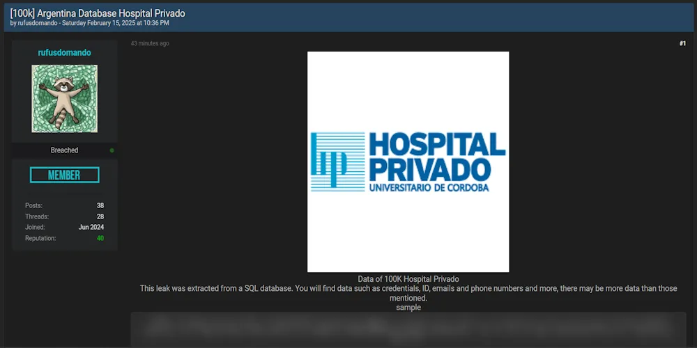 rufusdomando Claims to have Leaked the Data of Private University Hospital of Cordoba