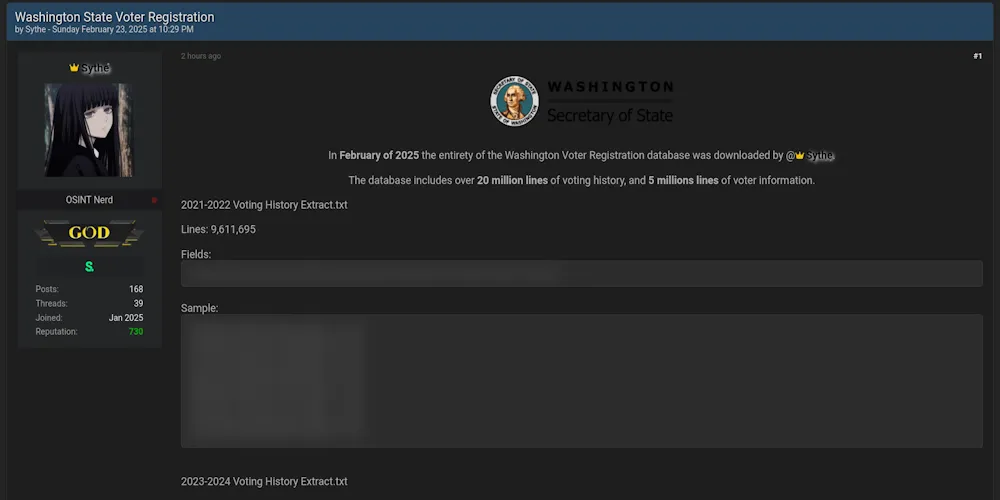 A Threat Actor Claims to have Leaked the Data of Washington Secretary of State Elections Division