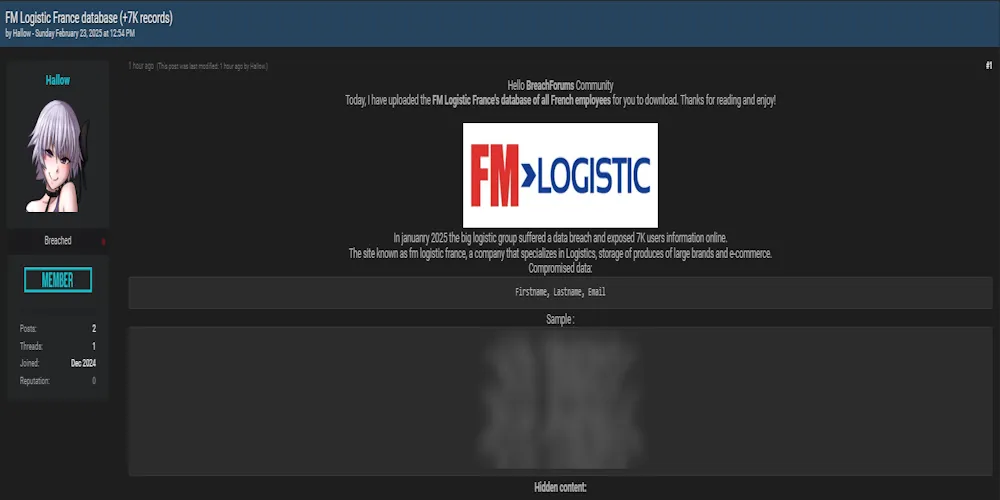 A Threat Actor Claims to have Leaked the Data of FM Logistic