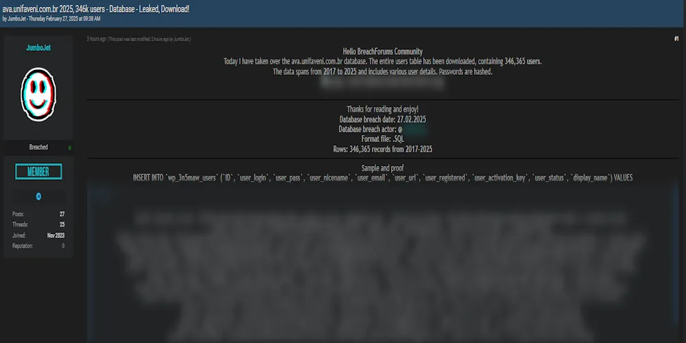 JumboJet Claims to have Leaked the Data of Centro Universitário FAVENI