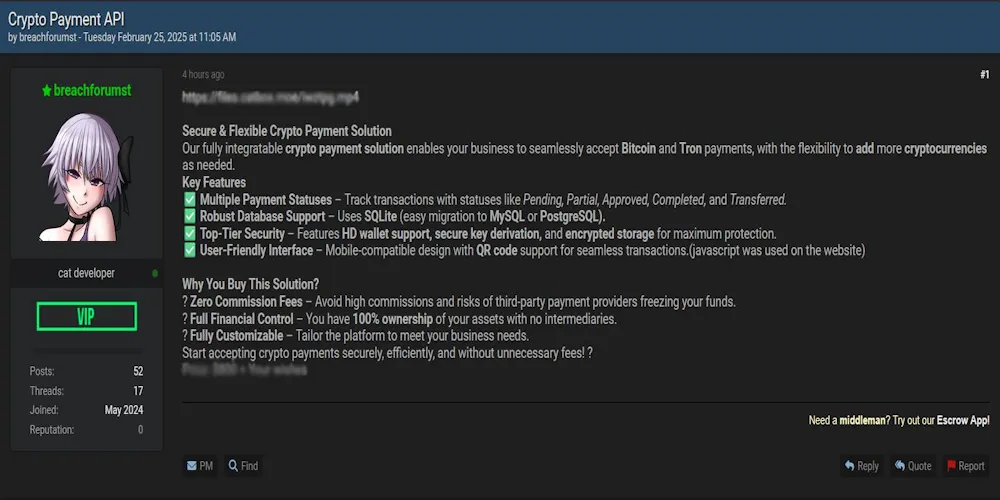 A Threat Actor Claims to be Selling a Crypto Payment Gateway