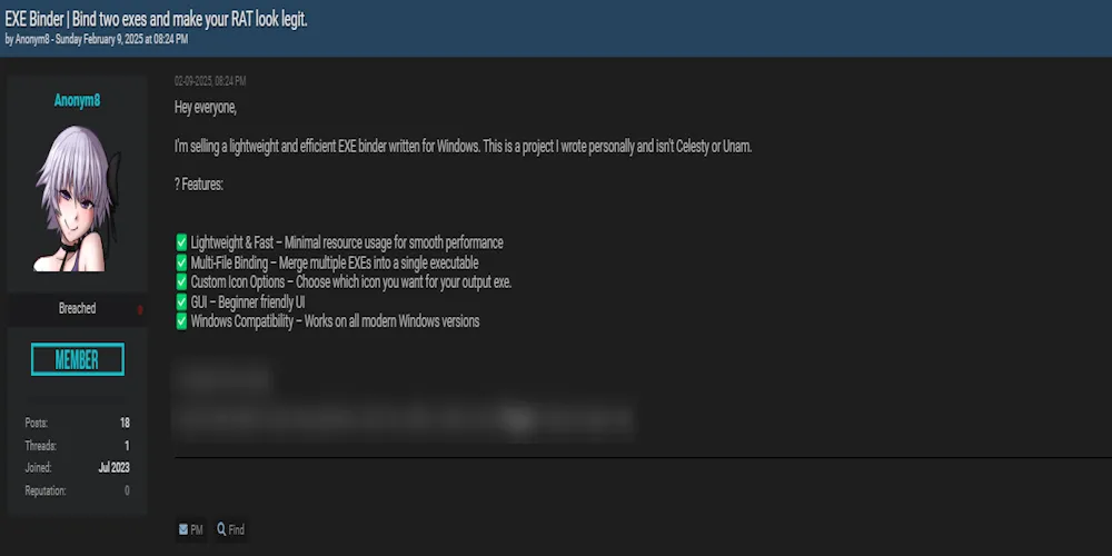 A Threat Actor is Allegedly Selling an EXE Binder Tool