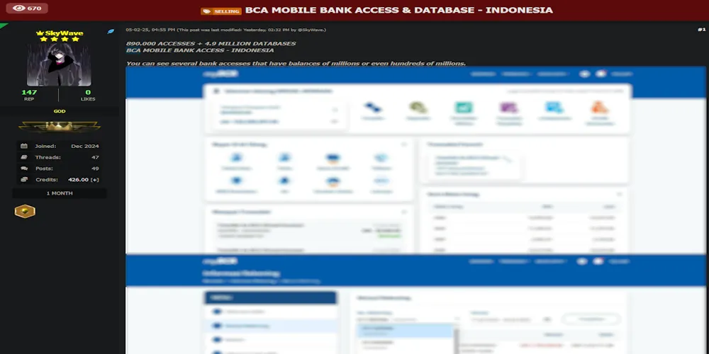 SkyWave is Allegedly Selling Bank Central Asia (BCA) Account Access and Database