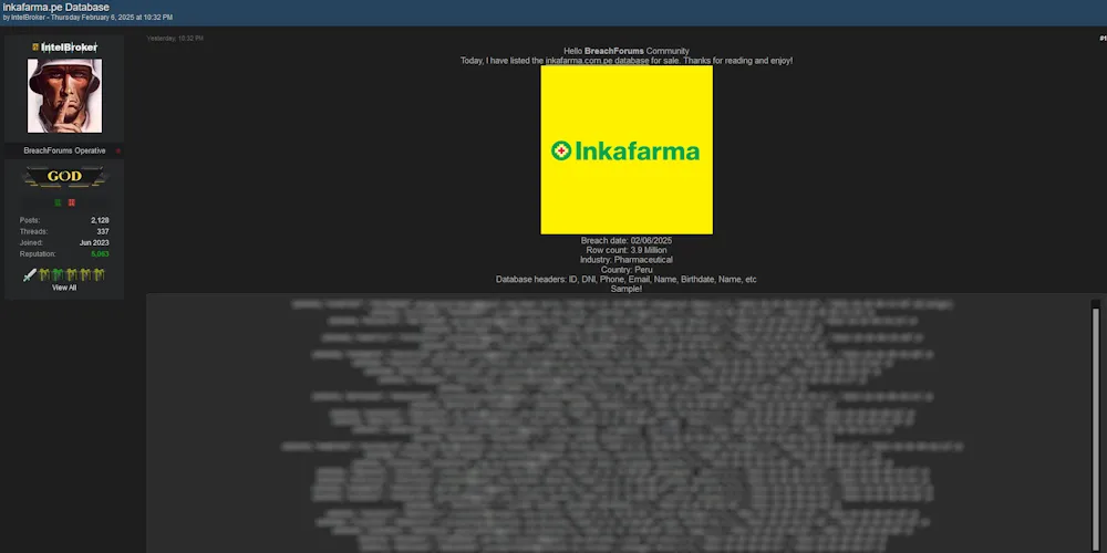 IntelBroker is Allegedly Selling the Data of InkaFarma