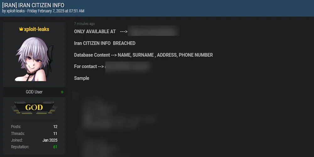 A Threat Actor Claims to be Selling Iran Citizens Data