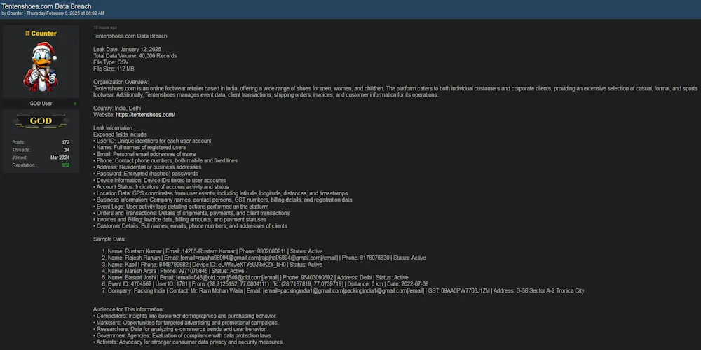 Counter Claims to have Leaked the Data of Ten Ten Shoes