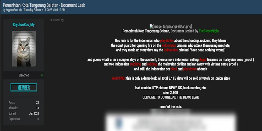 A Threat Actor Claims to have Leaked Data of Pemerintah Kota Tangerang Selatan