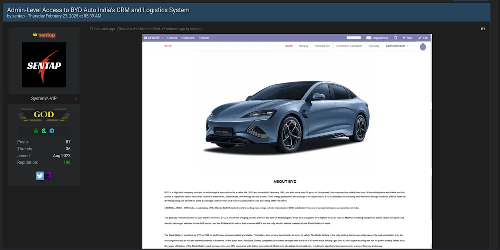 A Threat Actor Claims to be Selling Admin Access to BYD India Private Limited
