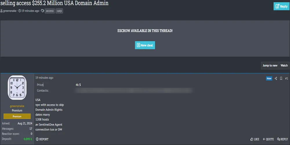 A Threat Actor is Selling Domain Admin Access to an Unidentified U.S.-Based Company