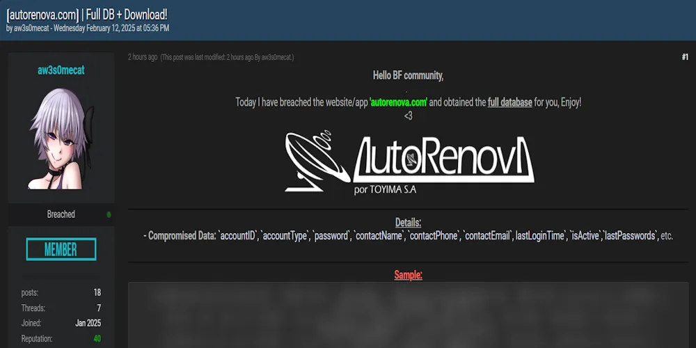 A Threat Allegedly Leaked the Data of Autorenova