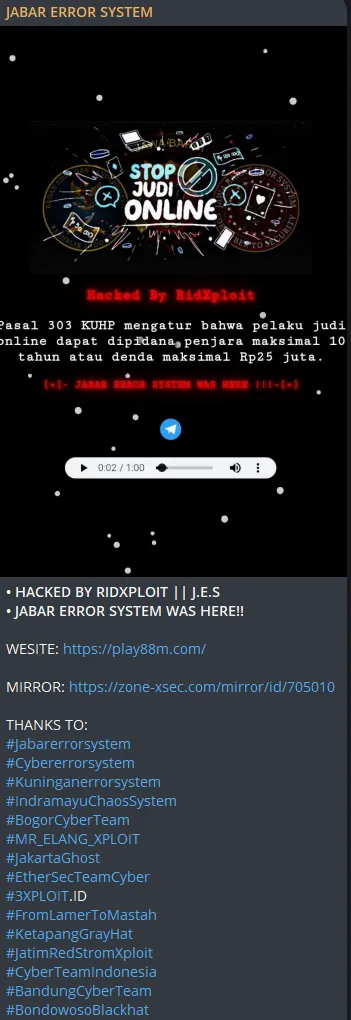 JABAR ERROR SYSTEM Defaced the Website of PLAY88