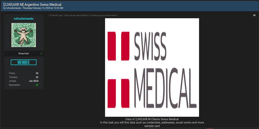 rufusdomando Claims to have Leaked the Data of Swiss Medical