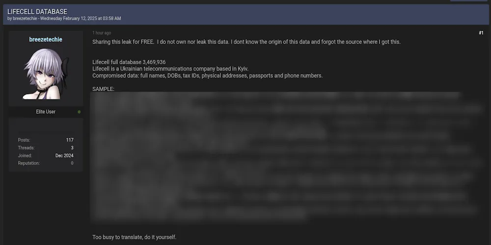 A Threat Actor Claims to have Leaked the Data of Lifecell Ukraine