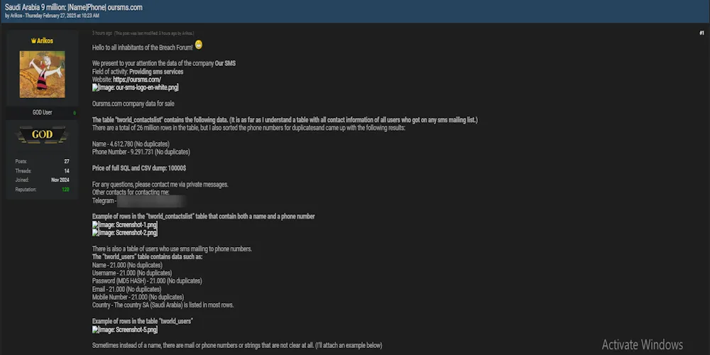 Arikos Claims to be Selling the Data of OurSMS