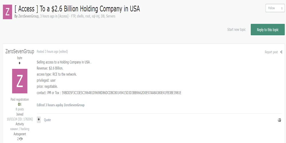 ZeroSevenGroup is Claiming to Sell RCE Access to an Unidentified Holding Company in the USA