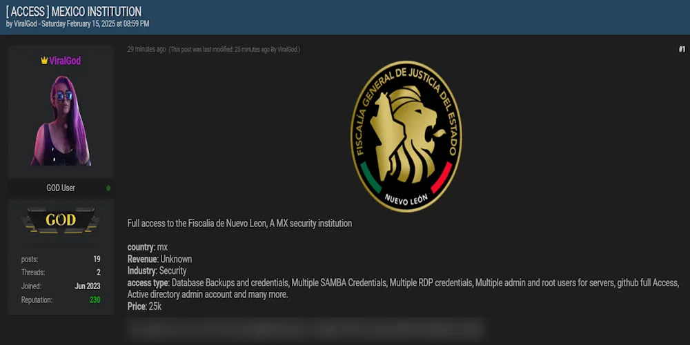 A Threat Actor Claims to be Selling Access to the Attorney General's Office of the State of Nuevo Leon