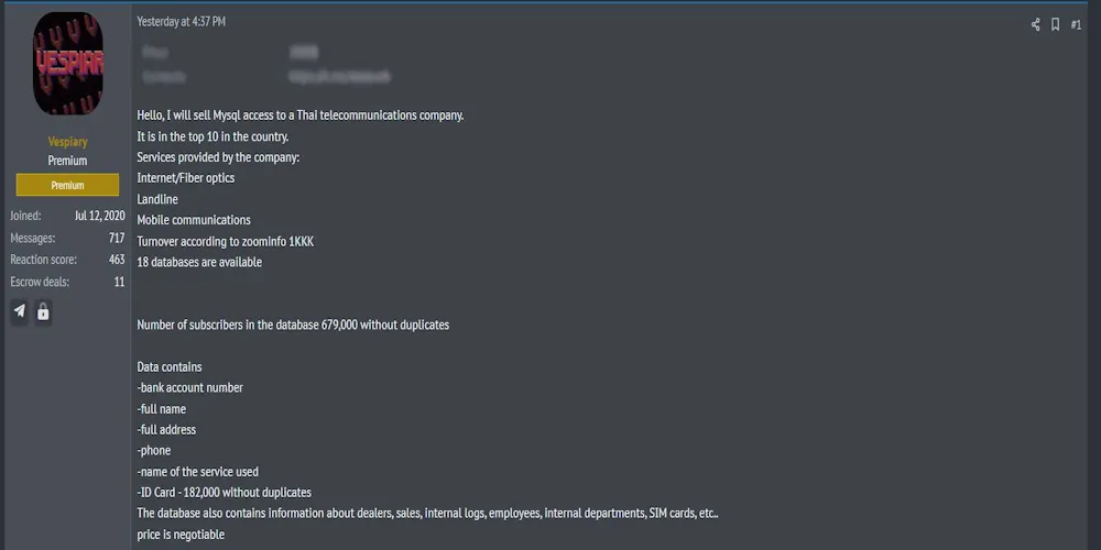 A Threat Actor Claims to be Selling Access to an Unidentified Thailand Telecom Organization