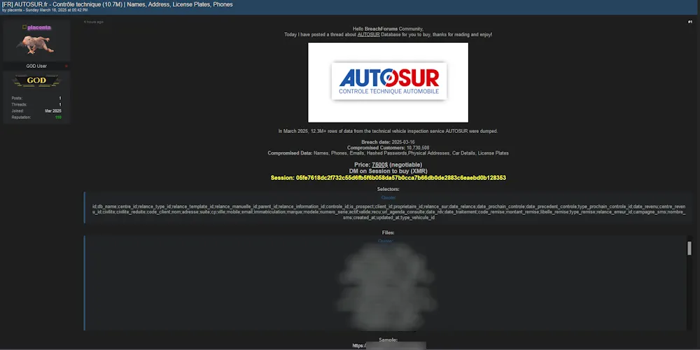 AUTOSUR Allegedly Breached – 10.7M Customer Records for Sale, Including Names, Addresses, and Vehicle Details